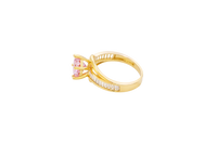 14KT Gold Ring Women's Round Pink CZ Center Stone and Single Row White CZ Baguettes with "S" Band