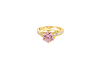 14KT Gold Ring Women's Round Pink CZ Center Stone and Single Row White CZ Baguettes with "S" Band