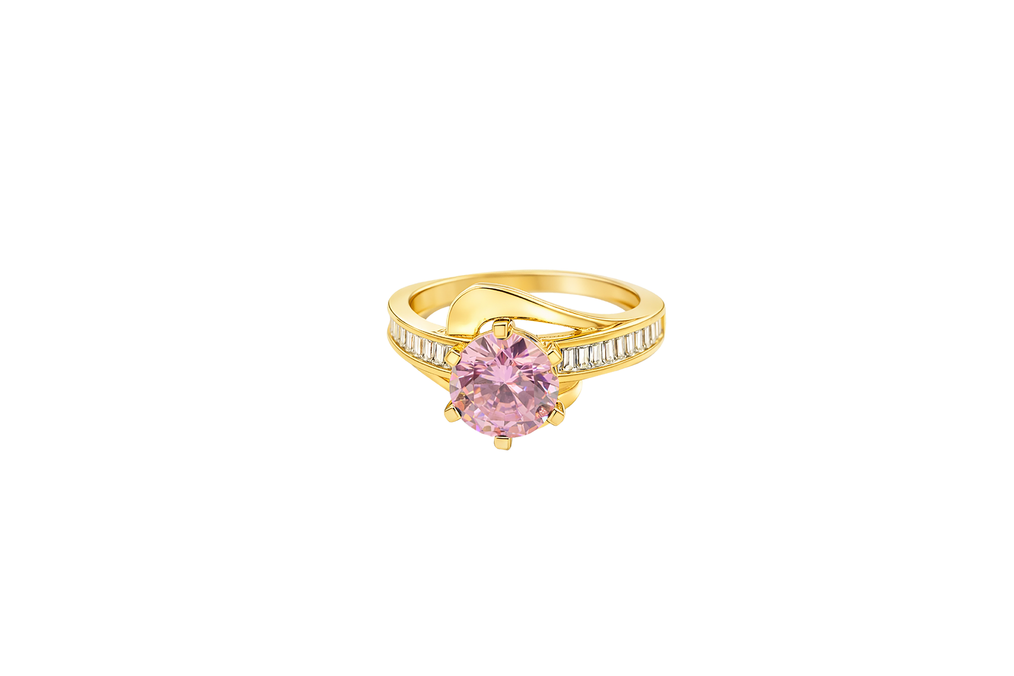 14KT Gold Ring Women's Round Pink CZ Center Stone and Single Row White CZ Baguettes with "S" Band