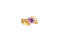 14KT Gold Ring Women's Round Light Pink CZ Center Stone Double White CZ Stone Band with Plain "S" Ribbon
