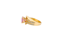 14KT Gold Ring Women's Round Light Pink CZ Center Stone Double White CZ Stone Band with Plain "S" Ribbon