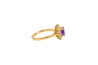 14KT Gold Ring Women's Round Purple Center CZ with Round Double CZ Border Plain Band