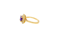 14KT Gold Ring Women's Round Purple Center CZ with Round Double CZ Border Plain Band