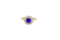 14KT Gold Ring Women's Round Purple Center CZ with Round Double CZ Border Plain Band