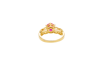 14KT Gold Ring Women's Round Red 6 Prong Center CZ Scallop Border Baguette Band