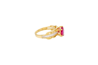 14KT Gold Ring Women's Round Red 6 Prong Center CZ Scallop Border Baguette Band