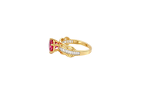 14KT Gold Ring Women's Round Red 6 Prong Center CZ Scallop Border Baguette Band