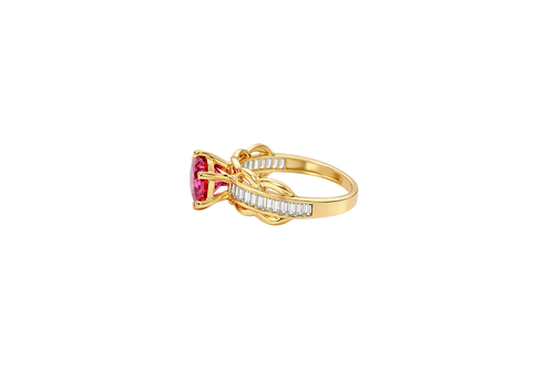 14KT Gold Ring Women's Round Red 6 Prong Center CZ Scallop Border Baguette Band