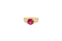 14KT Gold Ring Women's Round Red 6 Prong Center CZ Scallop Border Baguette Band