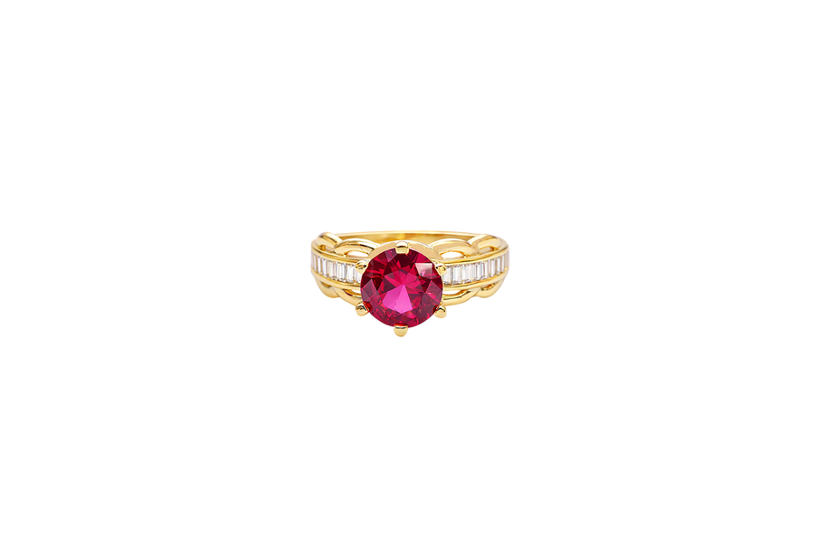 14KT Gold Ring Women's Round Red 6 Prong Center CZ Scallop Border Baguette Band