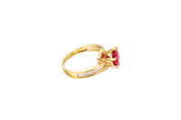 14KT Gold Ring Women's Round Red CZ Center Stone and Single Row White CZ Baguettes with "S" Band