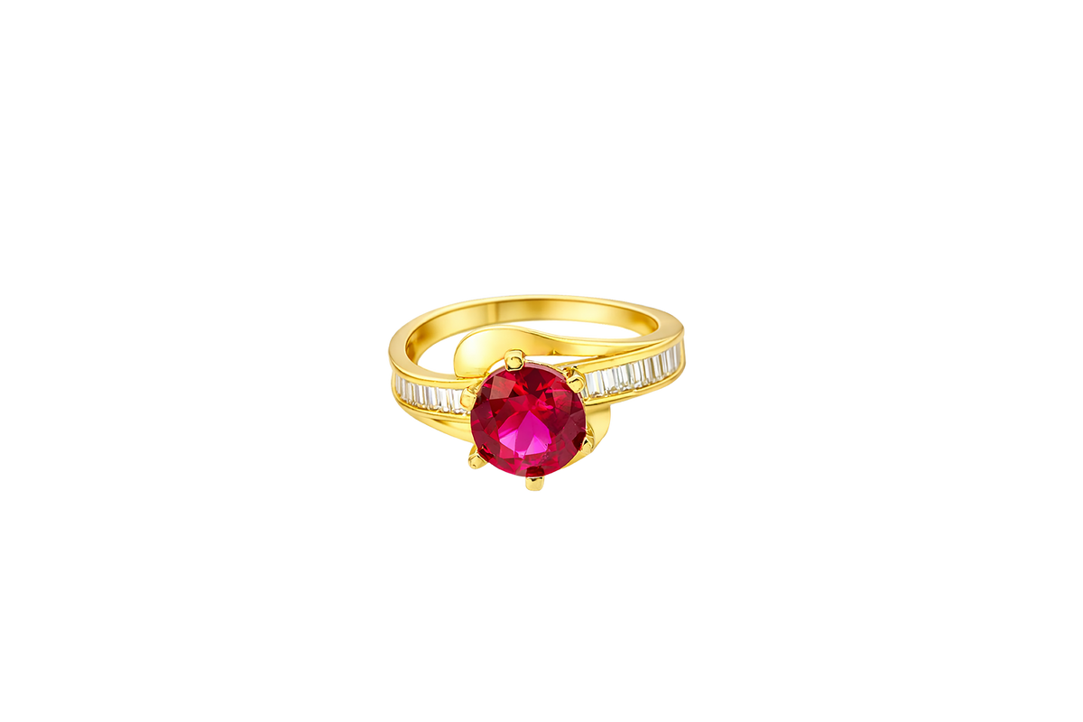 14KT Gold Ring Women's Round Red CZ Center Stone and Single Row White CZ Baguettes with "S" Band