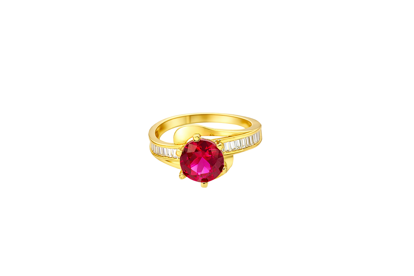14KT Gold Ring Women's Round Red CZ Center Stone and Single Row White CZ Baguettes with "S" Band
