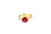 14KT Gold Ring Women's Round Red CZ Center Stone and Single Row White CZ Baguettes with "S" Band