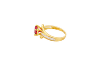 14KT Gold Ring Women's Round Red CZ Center Stone and Single Row White CZ Baguettes with "S" Band
