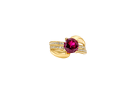 14KT Gold Ring Women's Round Dark Pink CZ Center Stone Double White CZ Stone Band with Plain "S" Ribbon