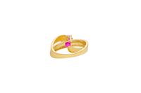 14KT Gold Ring Women's Round Dark Pink CZ Center Stone Double White CZ Stone Band with Plain "S" Ribbon
