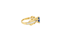 14KT Gold Ring Women's Round Navy Blue 6 Prong Center CZ Scallop Border Baguette Band