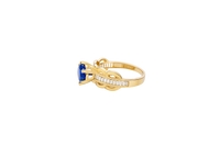 14KT Gold Ring Women's Round Navy Blue 6 Prong Center CZ Scallop Border Baguette Band