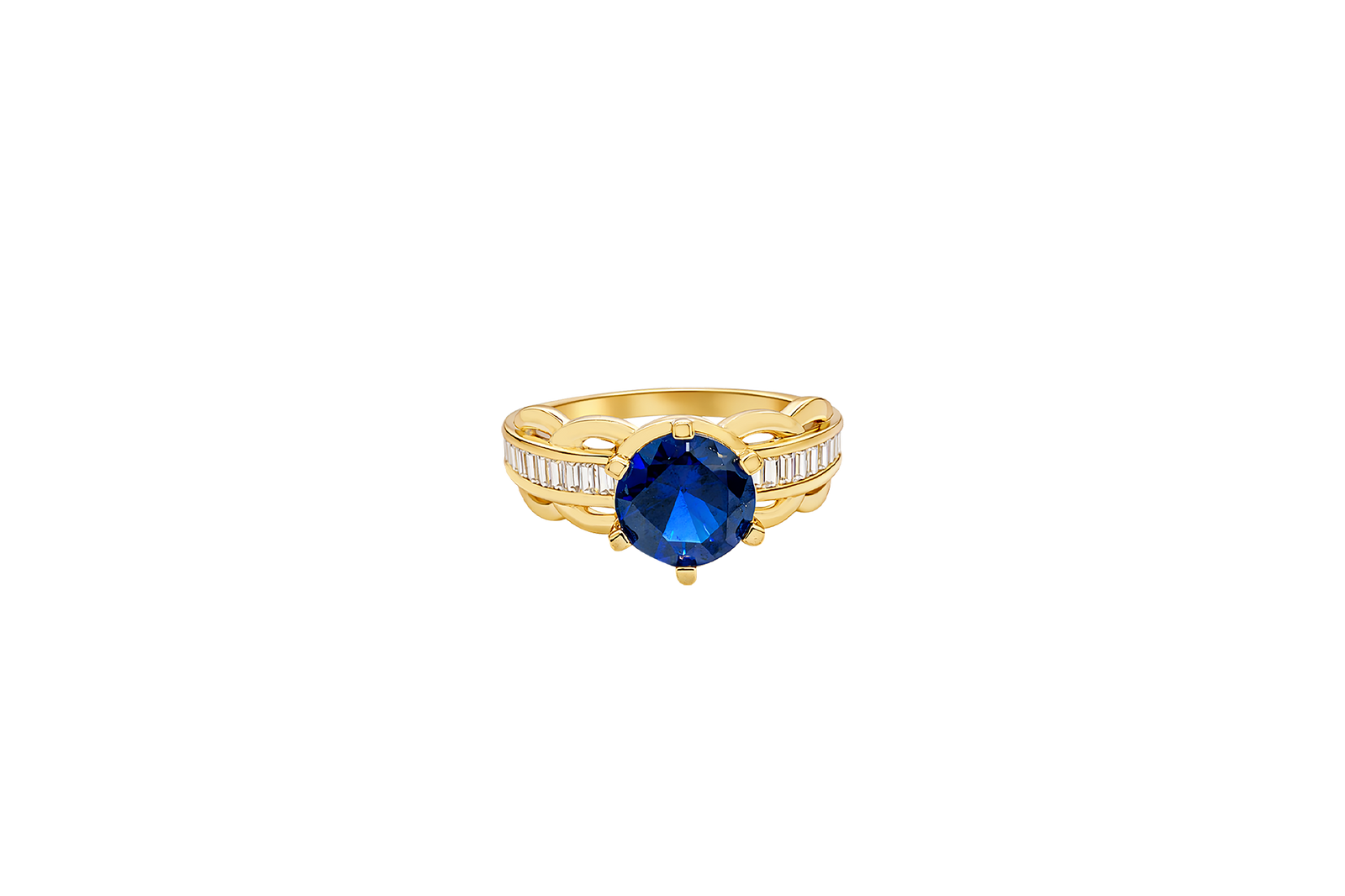 14KT Gold Ring Women's Round Navy Blue 6 Prong Center CZ Scallop Border Baguette Band