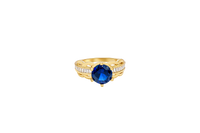 14KT Gold Ring Women's Round Navy Blue 6 Prong Center CZ Scallop Border Baguette Band