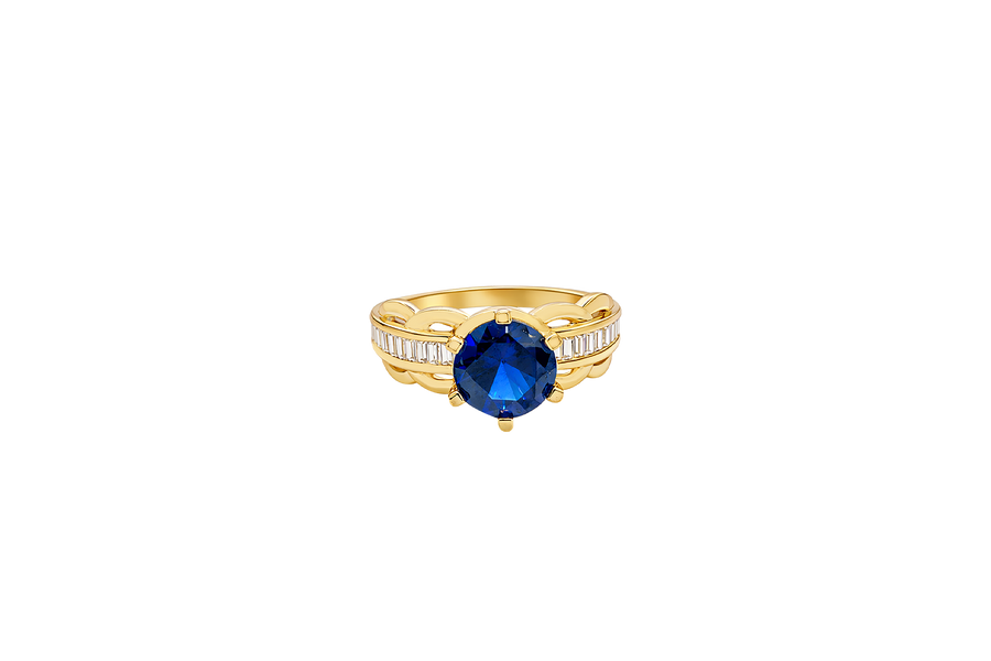 14KT Gold Ring Women's Round Navy Blue 6 Prong Center CZ Scallop Border Baguette Band