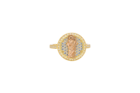 14KT Gold Ring Women's Two Tone  St. Jude Coin Center White CZ Stones Background Edge with White CZ Stone Band