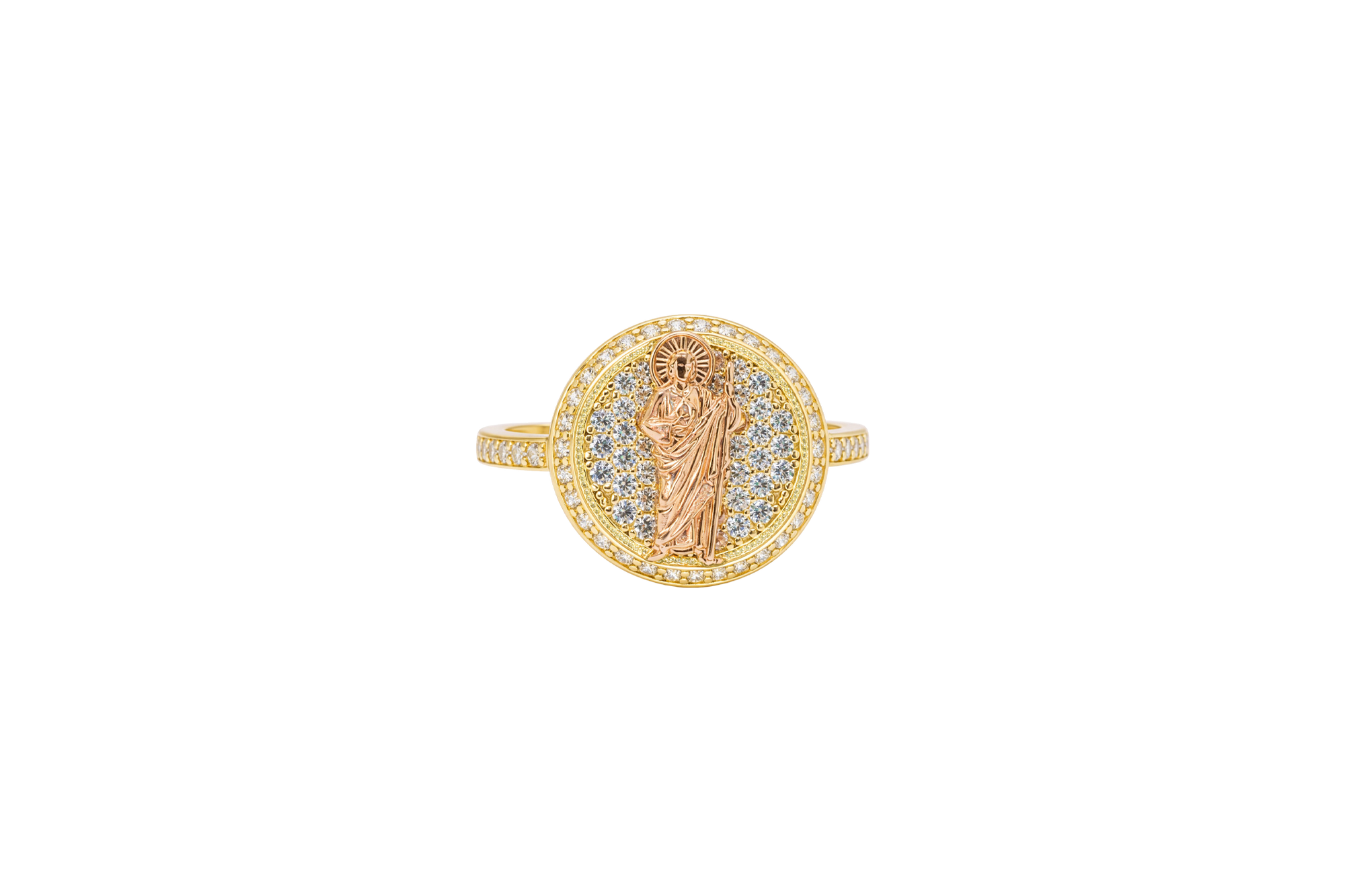 14KT Gold Ring Women's Two Tone  St. Jude Coin Center White CZ Stones Background Edge with White CZ Stone Band