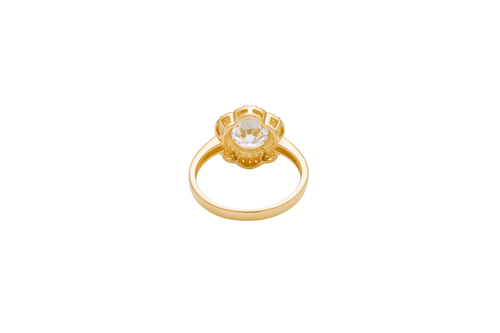 14KT Gold Ring Women's Flower White CZ Stone Center with White CZ Stones Hexagon Petal Border and Band