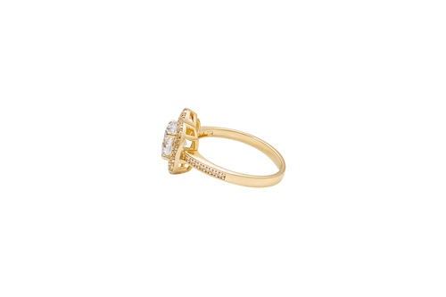 14KT Gold Ring Women's Flower White CZ Stone Center with White CZ Stones Hexagon Petal Border and Band
