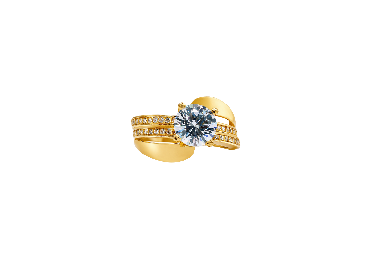 14KT Gold Ring Women's Round White CZ Center Stone Double White CZ Stone Band with Plain "S" Ribbon