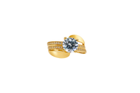 14KT Gold Ring Women's Round White CZ Center Stone Double White CZ Stone Band with Plain "S" Ribbon