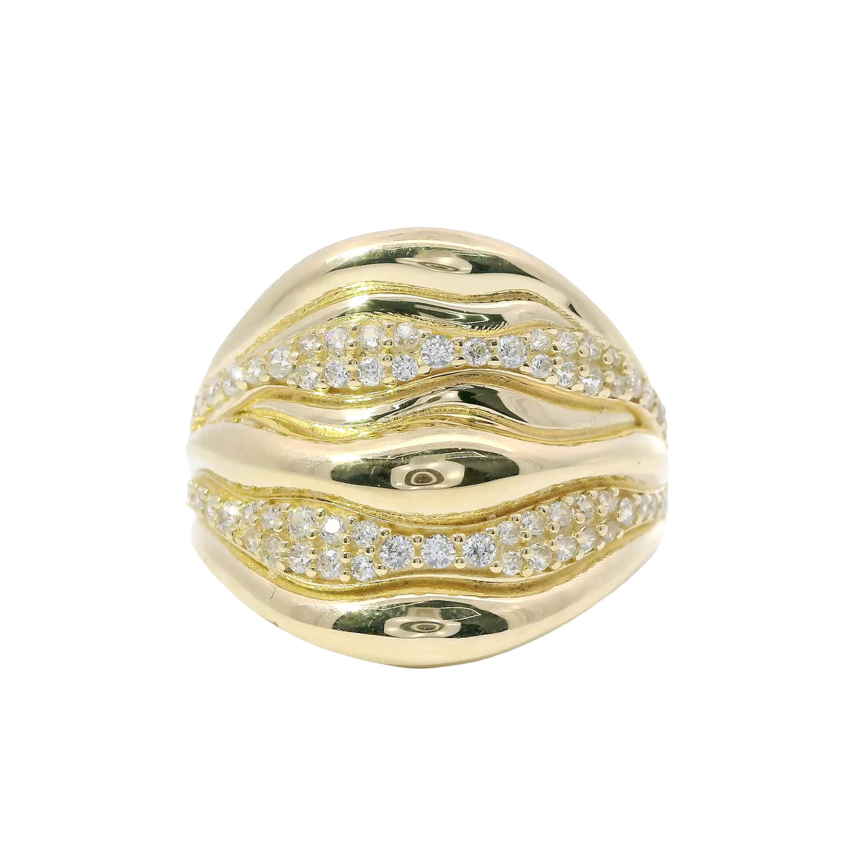14KT Gold Ring Women's Seven Row Wavy Band with Alternating Plain/ White CZ Stone Rows