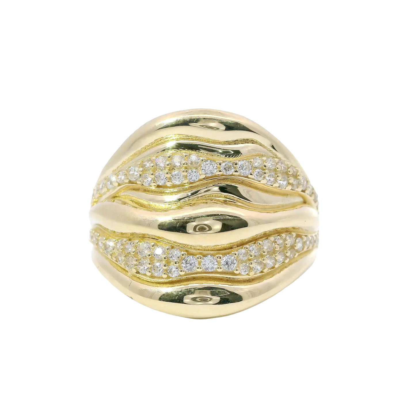 14KT Gold Ring Women's Seven Row Wavy Band with Alternating Plain/ White CZ Stone Rows
