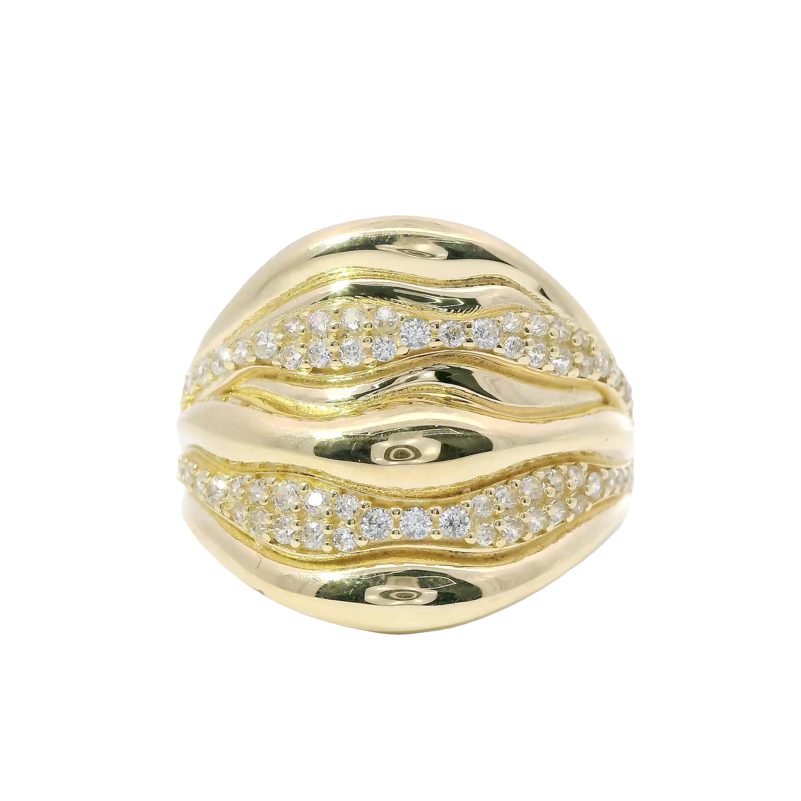 14KT Gold Ring Women's Seven Row Wavy Band with Alternating Plain/ White CZ Stone Rows