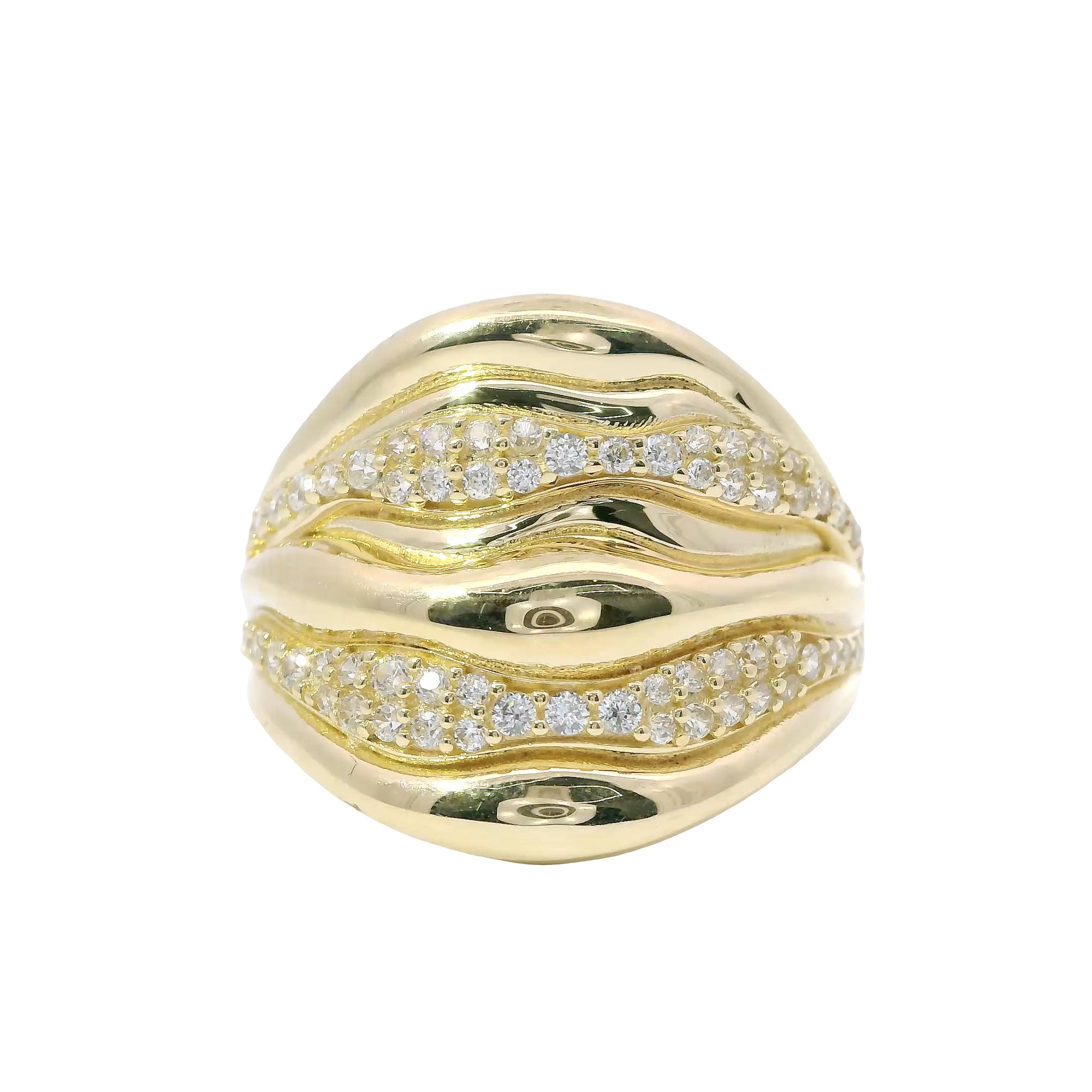 14KT Gold Ring Women's Seven Row Wavy Band with Alternating Plain/ White CZ Stone Rows