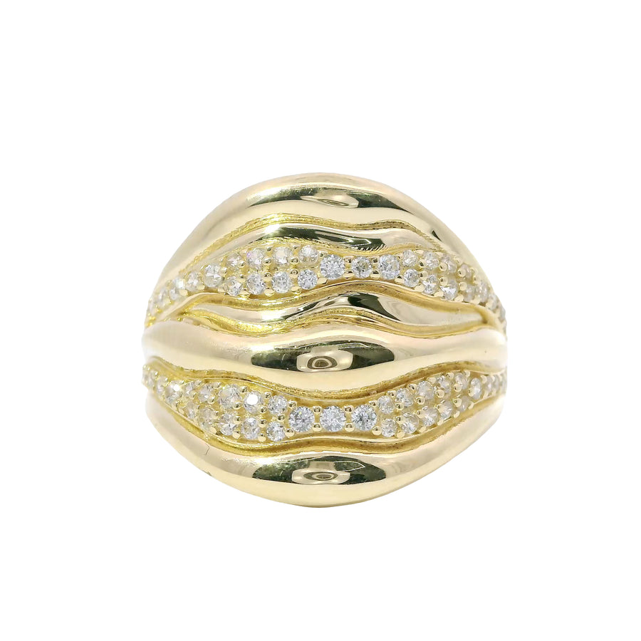 14KT Gold Ring Women's Seven Row Wavy Band with Alternating Plain/ White CZ Stone Rows