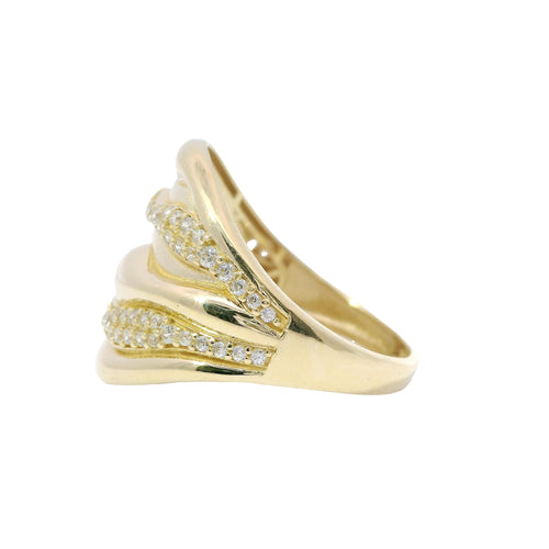 14KT Gold Ring Women's Seven Row Wavy Band with Alternating Plain/ White CZ Stone Rows