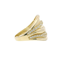 14KT Gold Ring Women's Seven Row Wavy Band with Alternating Plain/ White CZ Stone Rows