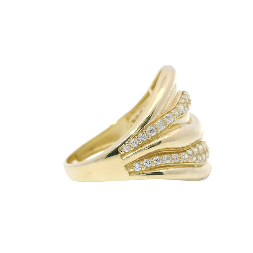 14KT Gold Ring Women's Seven Row Wavy Band with Alternating Plain/ White CZ Stone Rows