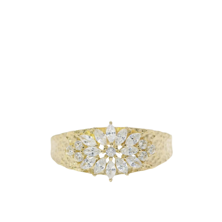 14KT Gold Ring Women's Light Weight White CZ Stone Snowflake Cluster with Nugget Band