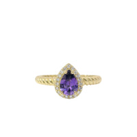 14KT Gold Ring Women's Purple Pear Shape Center CZ Stone White CZ Stones Border Plain Rope Band