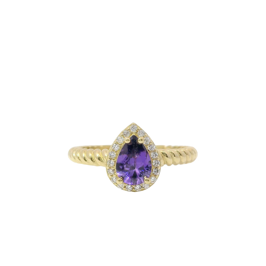 14KT Gold Ring Women's Purple Pear Shape Center CZ Stone White CZ Stones Border Plain Rope Band
