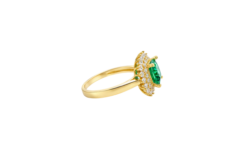 14KT Gold Ring Women's Square Dark Green Center Double Round White CZ Border Plain Band