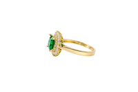 14KT Gold Ring Women's Square Dark Green Center Double Round White CZ Border Plain Band