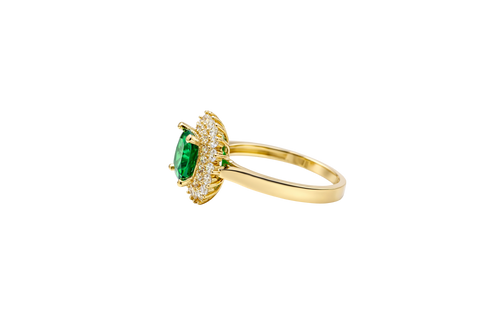 14KT Gold Ring Women's Square Dark Green Center Double Round White CZ Border Plain Band