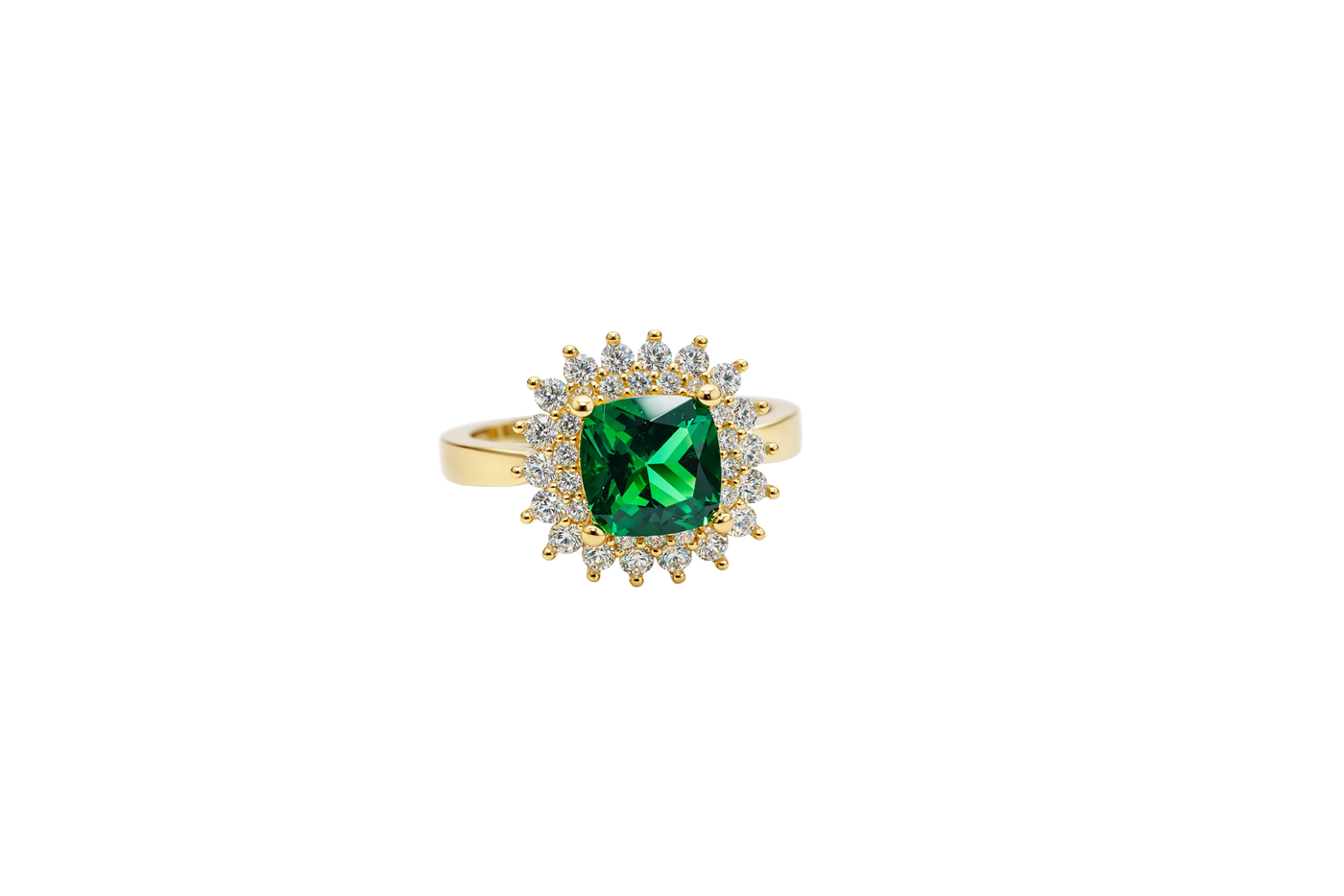14KT Gold Ring Women's Square Dark Green Center Double Round White CZ Border Plain Band