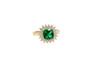 14KT Gold Ring Women's Square Dark Green Center Double Round White CZ Border Plain Band