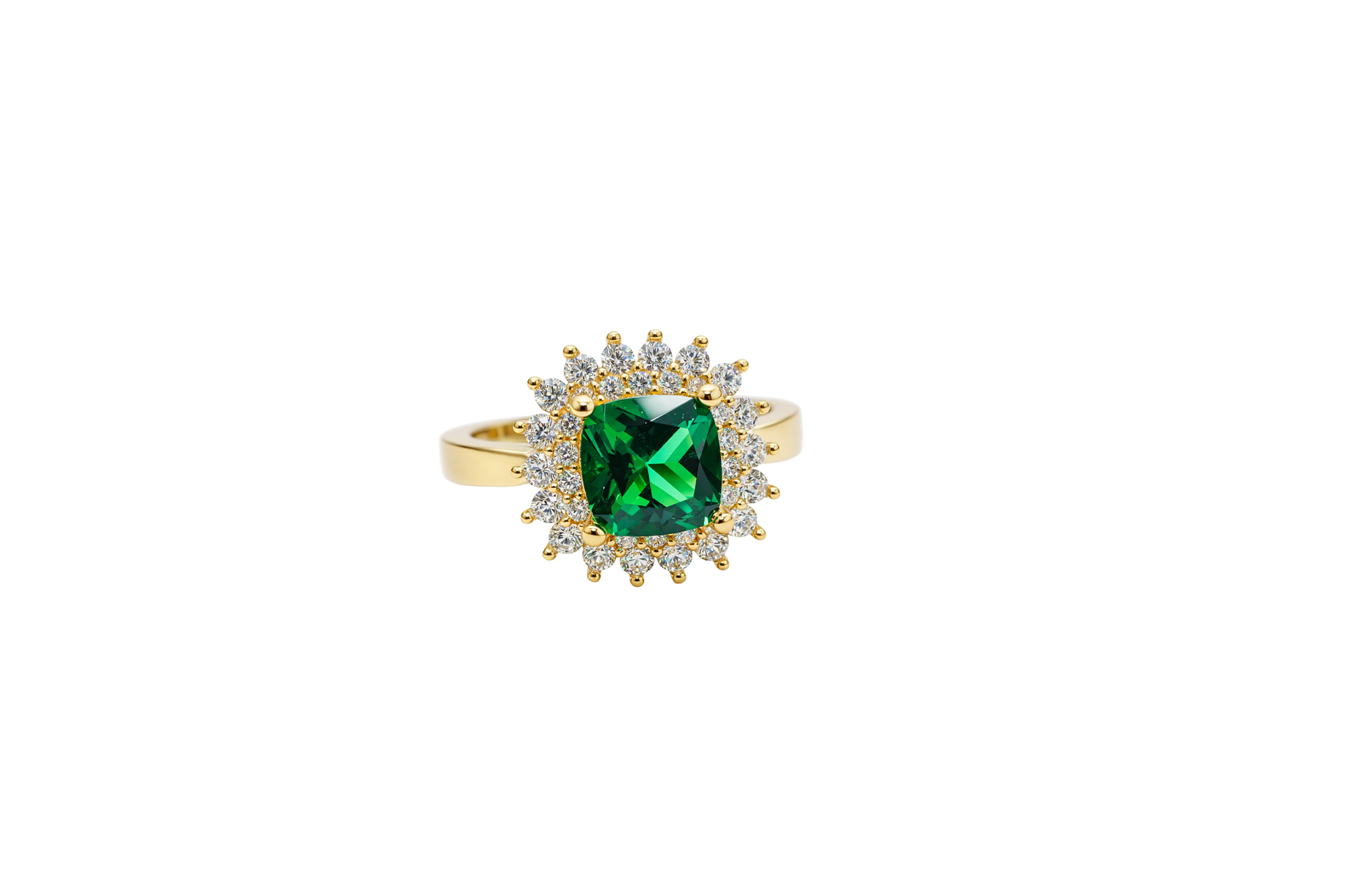 14KT Gold Ring Women's Square Dark Green Center Double Round White CZ Border Plain Band