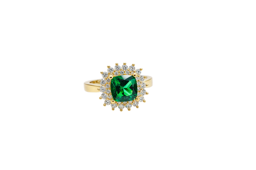 14KT Gold Ring Women's Square Dark Green Center Double Round White CZ Border Plain Band